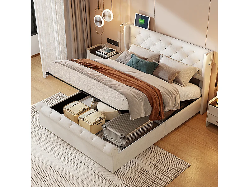 Lit adulte 140x190 cm rangements, coffre de lit, lit double tapissé avec tête de lit, velours beige