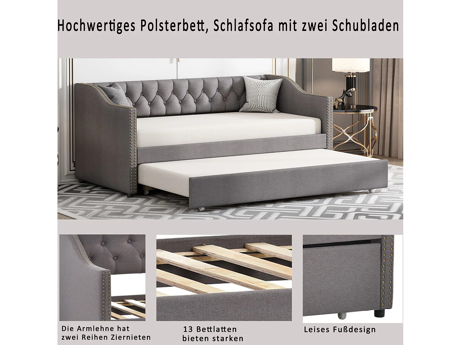 Lit gigogne 90x200 cm contemporain tapissé pour enfant et invité tissu lin résistant canapé gigogne gris