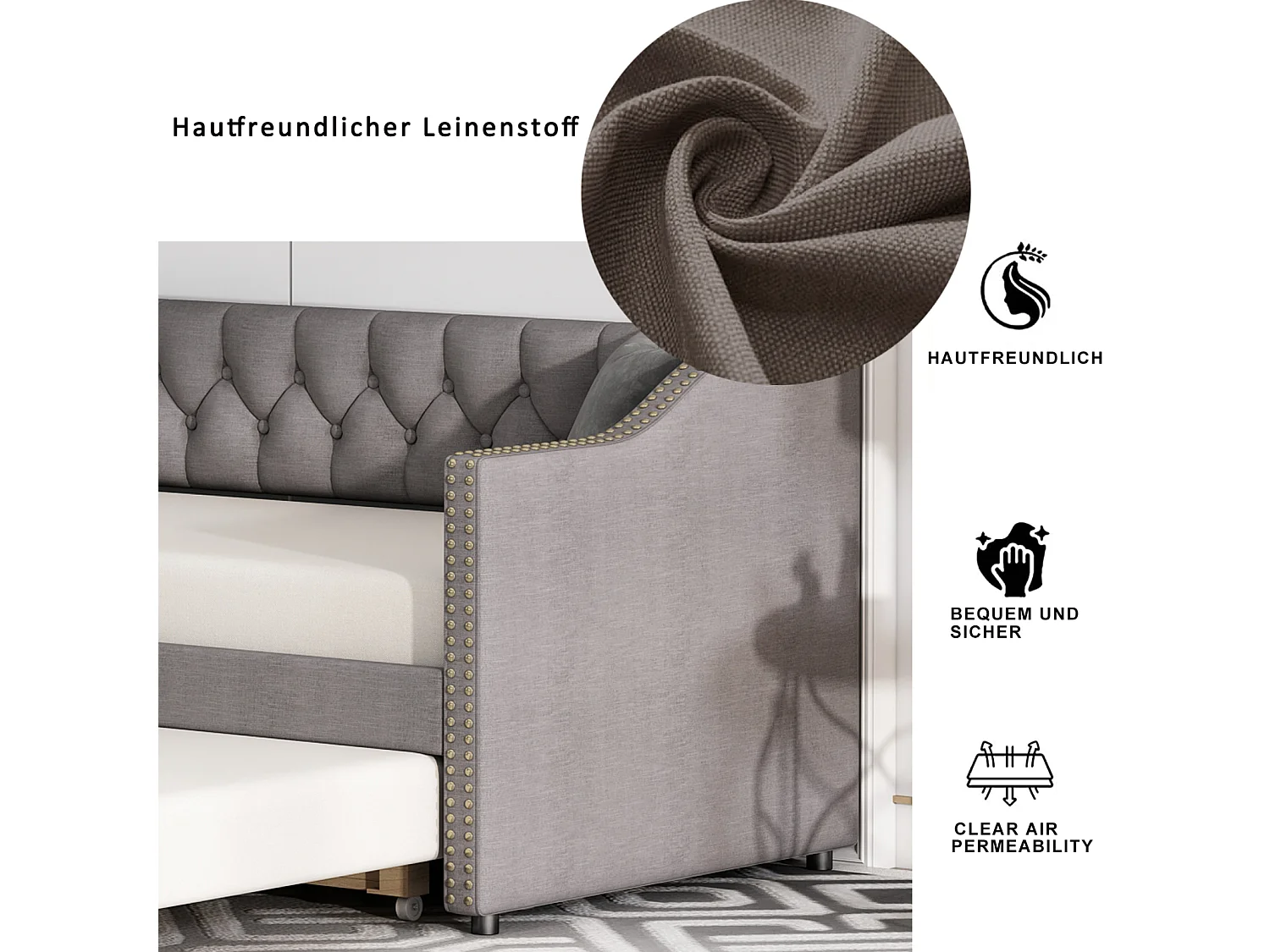 Lit gigogne 90x200 cm contemporain tapissé pour enfant et invité tissu lin résistant canapé gigogne gris