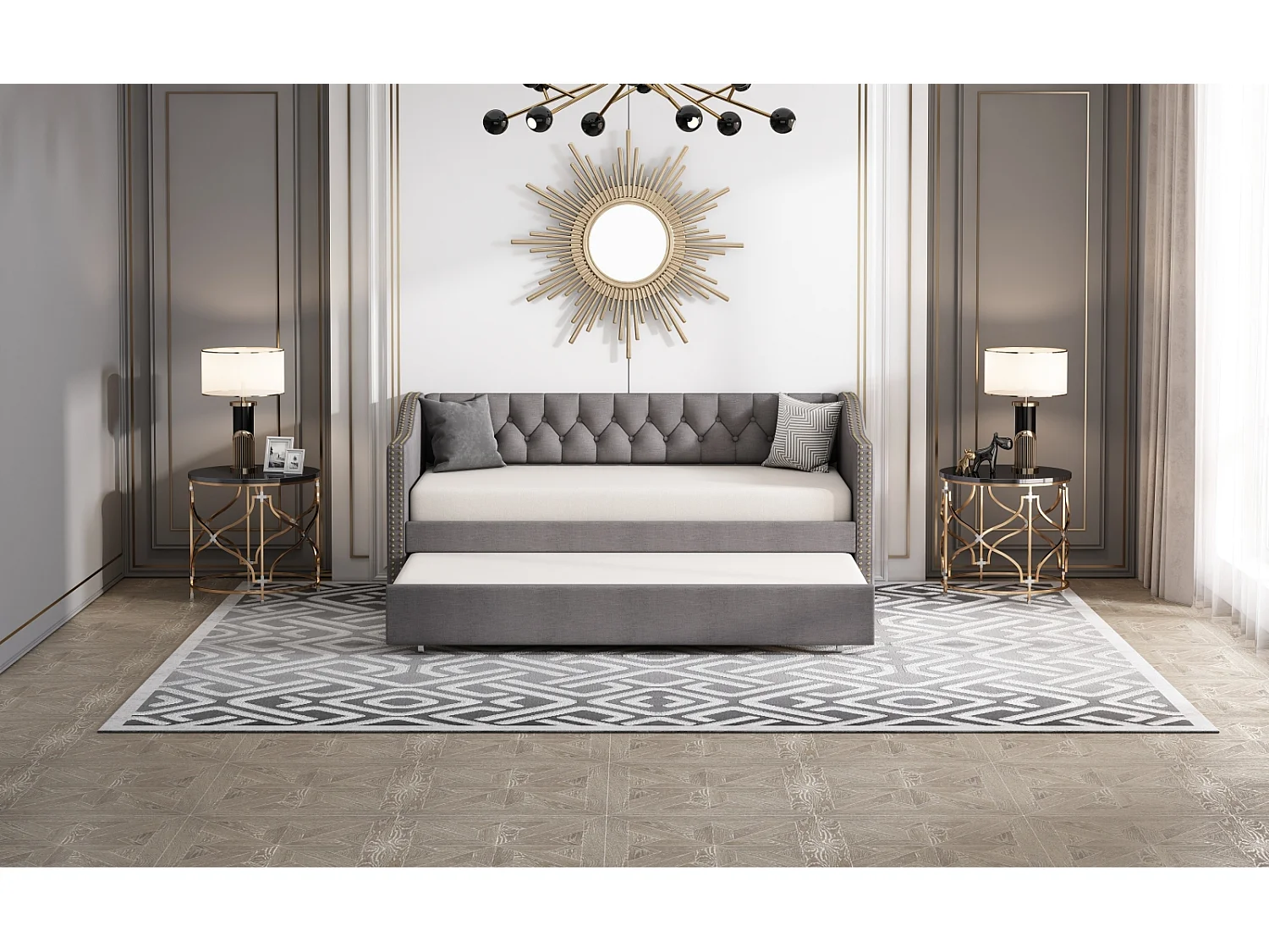 Lit gigogne 90x200 cm contemporain tapissé pour enfant et invité tissu lin résistant canapé gigogne gris