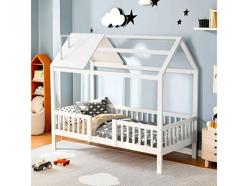 Lit enfant 90 x 200 cm avec sommier à lattes, lit en bois avec décoration petite maison, lit simple avec sommier à lattes, lit ado blanc