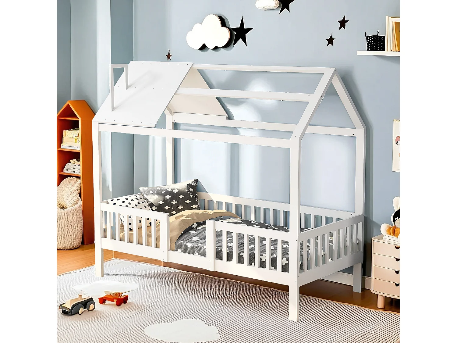 Lit enfant 90 x 200 cm avec sommier à lattes, lit en bois avec décoration petite maison, lit simple avec sommier à lattes, lit ado blanc