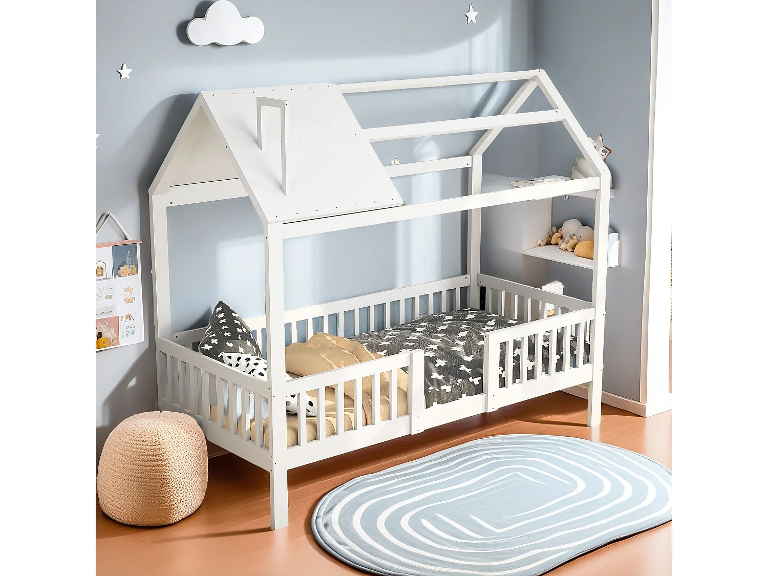 Lit enfant 90 x 200 cm avec sommier à lattes, lit en bois avec décoration petite maison, lit simple avec sommier à lattes, lit ado blanc