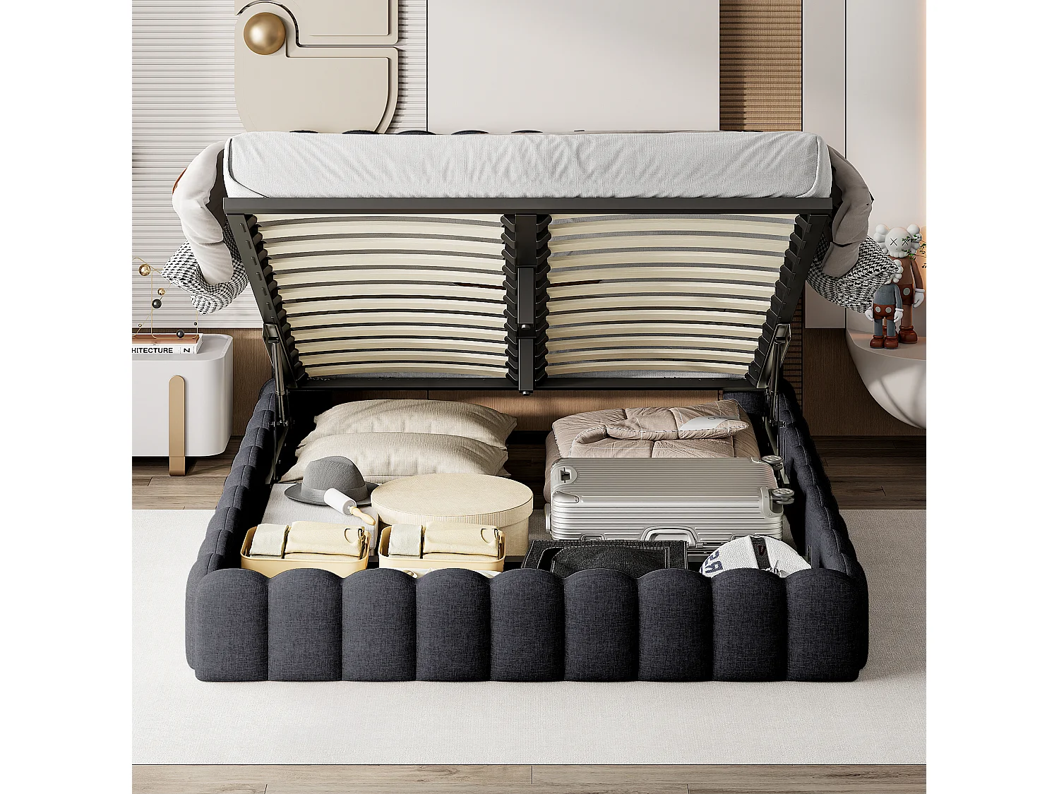 Lit double 160*200cm avec rangements, lit de souche avec éclairage LED, lit capitonné lit adulte lit ado, matelas lin gris