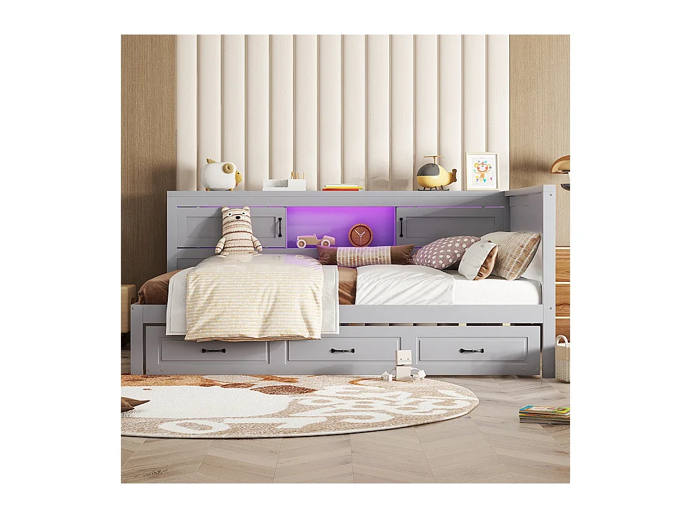 Slaapbank 140*200cm, Sfeerverlichting met afstandsbediening, Opbergvak naast bed, Stopcontact + USB, grijs