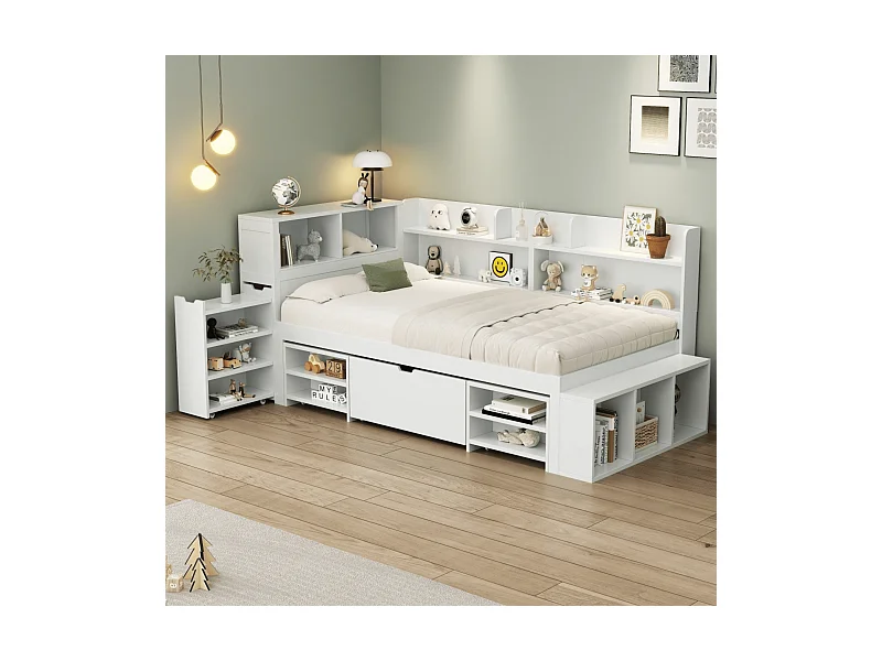 Lit d'enfant 90*200 cm, avec tiroirs, étagères et rangements, sommier à lattes, blanc