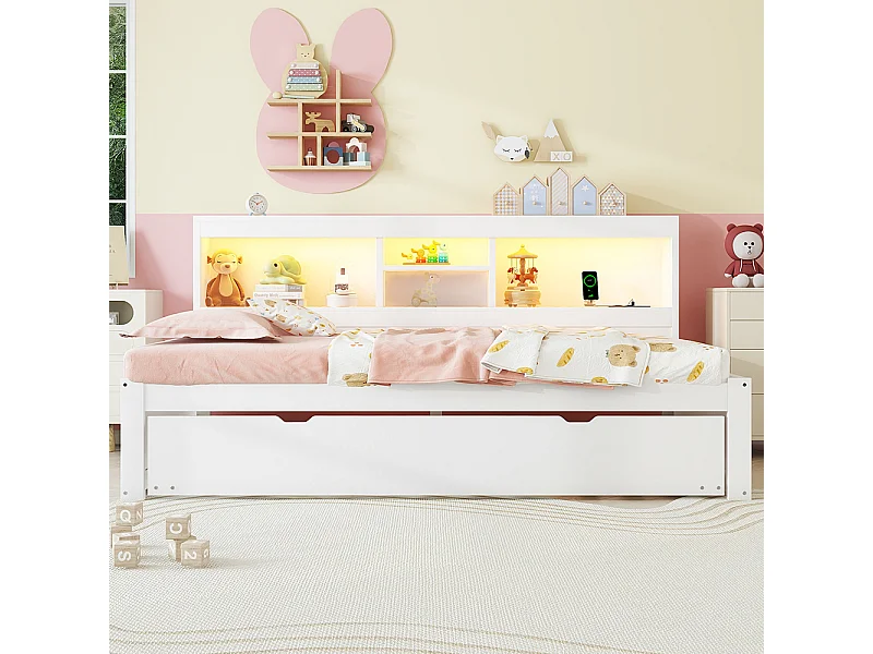 Schlafsofa, 90*200cm, Ferngesteuerte Ambientebeleuchtung, Nachttischablagefach, Steckdose + USB, Weiß