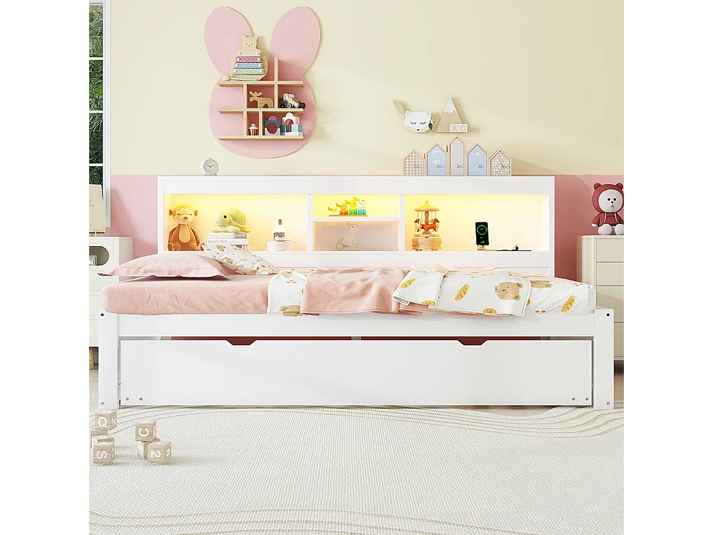 Schlafsofa, 90*200cm, Ferngesteuerte Ambientebeleuchtung, Nachttischablagefach, Steckdose + USB, Weiß