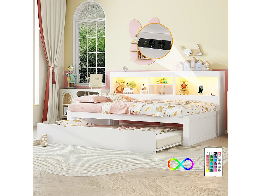 Schlafsofa, 90*200cm, Ferngesteuerte Ambientebeleuchtung, Nachttischablagefach, Steckdose + USB, Weiß