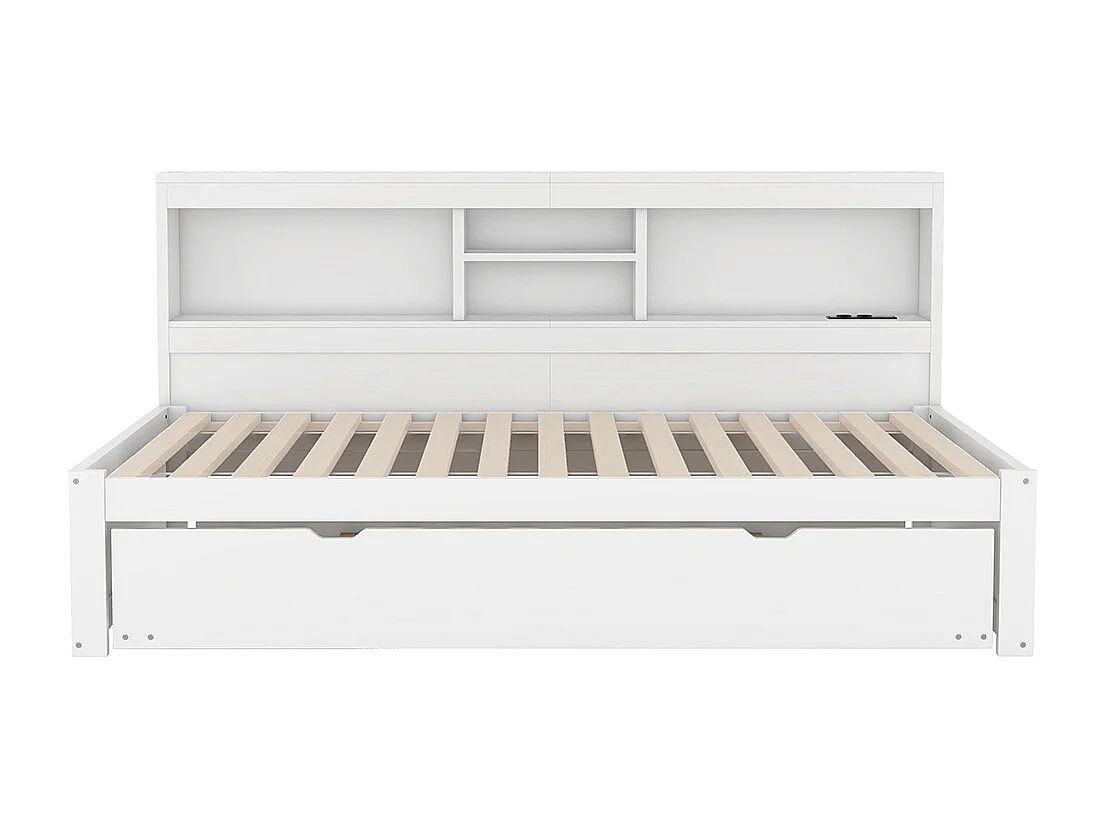 Sofá cama, 90*200cm, iluminación ambiental por control remoto, compartimento de almacenamiento junto a la cama, enchufe + USB, blanco