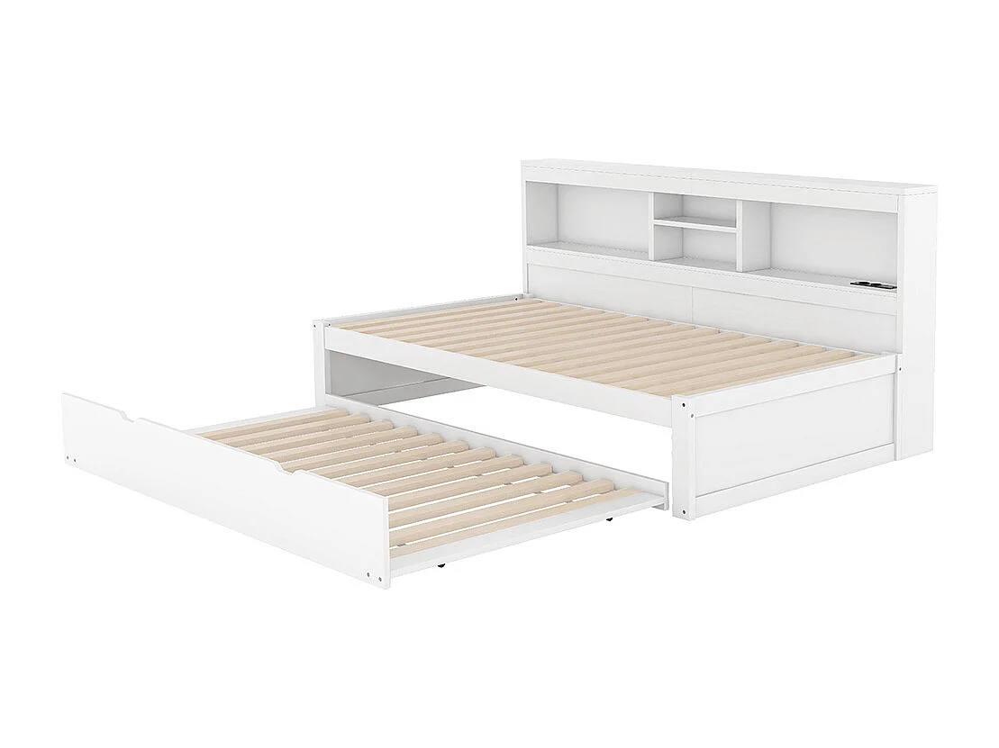 Sofá cama, 90*200cm, iluminación ambiental por control remoto, compartimento de almacenamiento junto a la cama, enchufe + USB, blanco