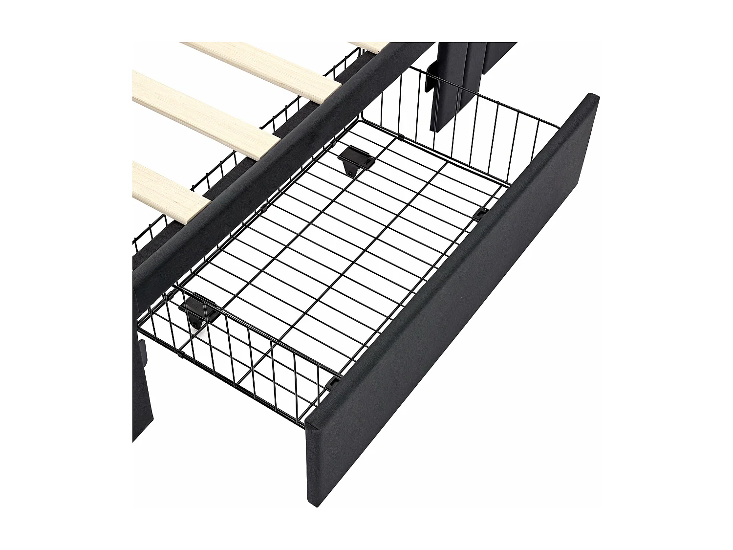 Polsterbett 140x190 cm mit USB-Anschluss (unterstützt kabelloses und kabelgebundenes Laden), mit LED-Beleuchtung und vier Aufbewahrungsschubladen, schwarz.