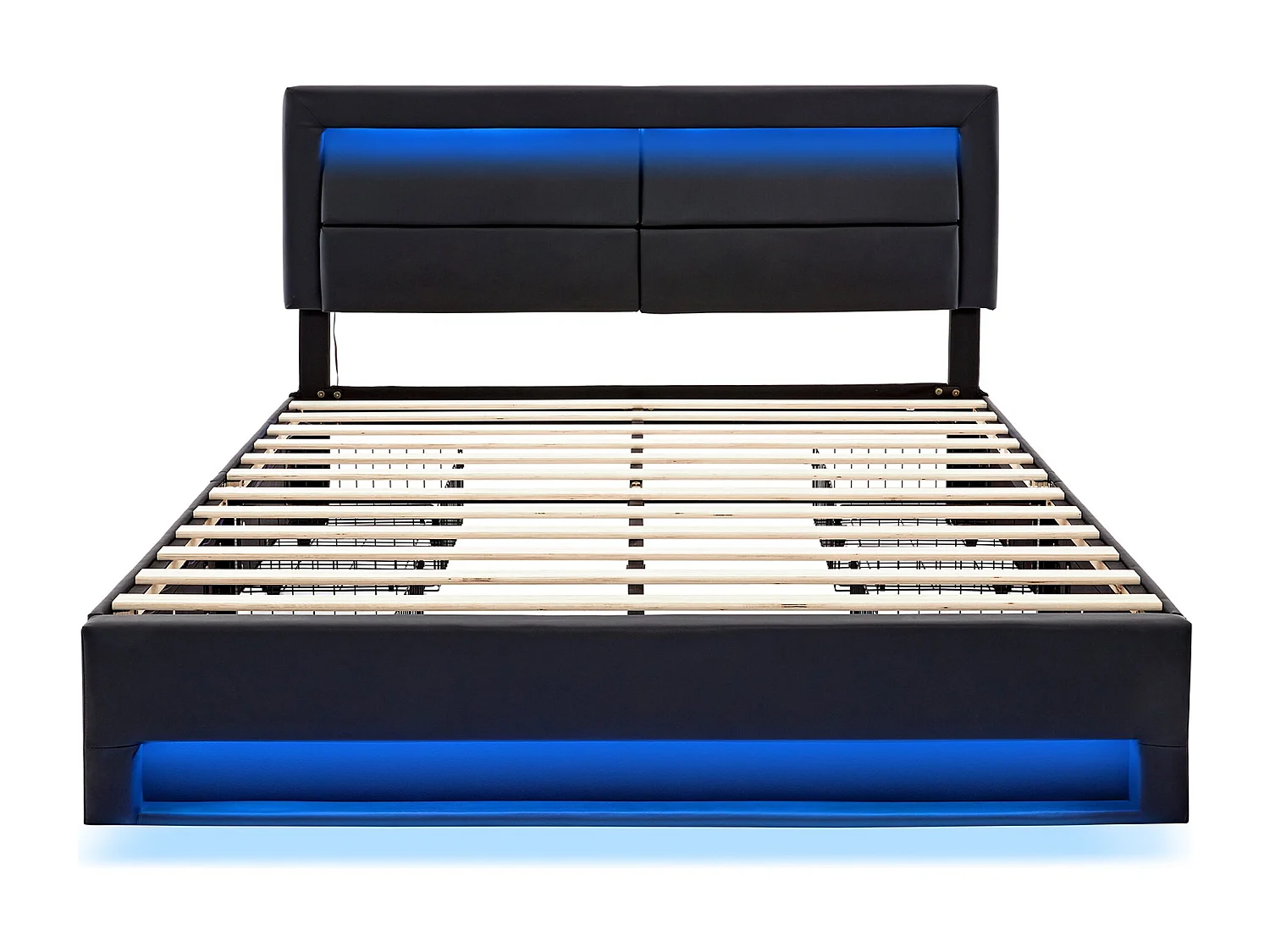 Letto imbottito 140 x 190 cm con porta USB (supporta la ricarica wireless e via cavo), con illuminazione a LED e quattro cassetti, nero