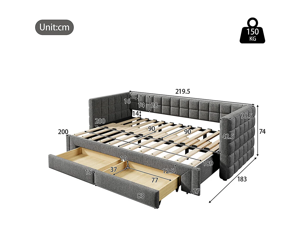 Sofá-cama 90 x 200 cm, com costas quadradas, cama extensível (até 180 camas queen-size), 2 gavetas, cinzento