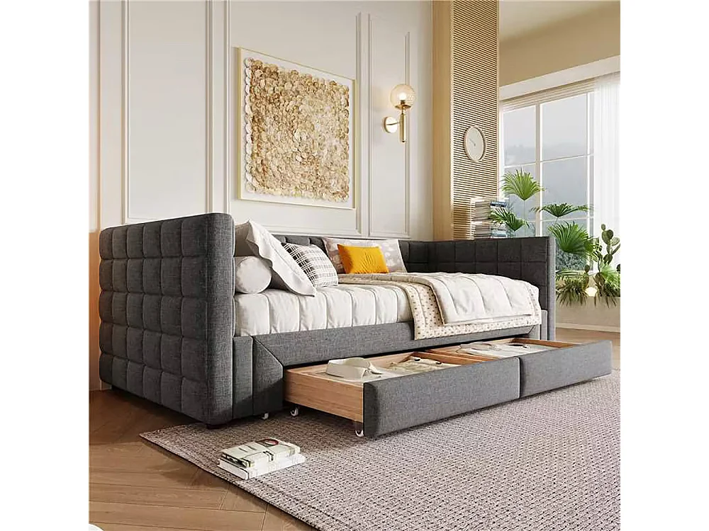 Sofá-cama 90 x 200 cm, com costas quadradas, cama extensível (até 180 camas queen-size), 2 gavetas, cinzento