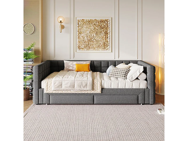 Sofá-cama 90 x 200 cm, com costas quadradas, cama extensível (até 180 camas queen-size), 2 gavetas, cinzento