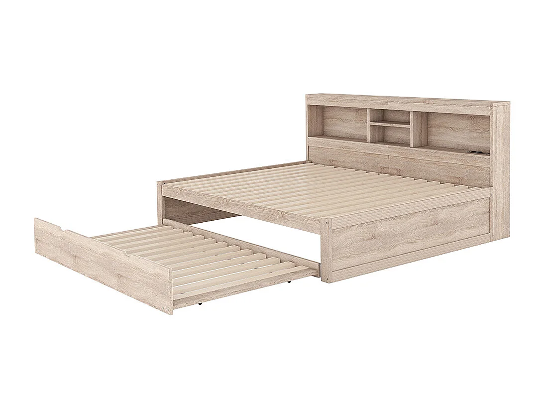 Canapé-lit, 140*200cm, Eclairage d'ambiance télécommandé, Rangement de chevet, Prise + USB, Naturel