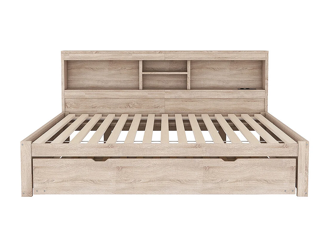 Canapé-lit, 140*200cm, Eclairage d'ambiance télécommandé, Rangement de chevet, Prise + USB, Naturel