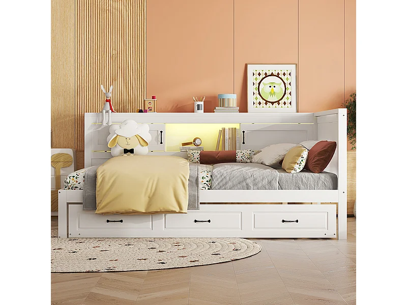 Sofa 140*200cm, Stimmungslicht mit Fernbedienung, Nachttisch-Staufach, Steckdose + USB, Weiß