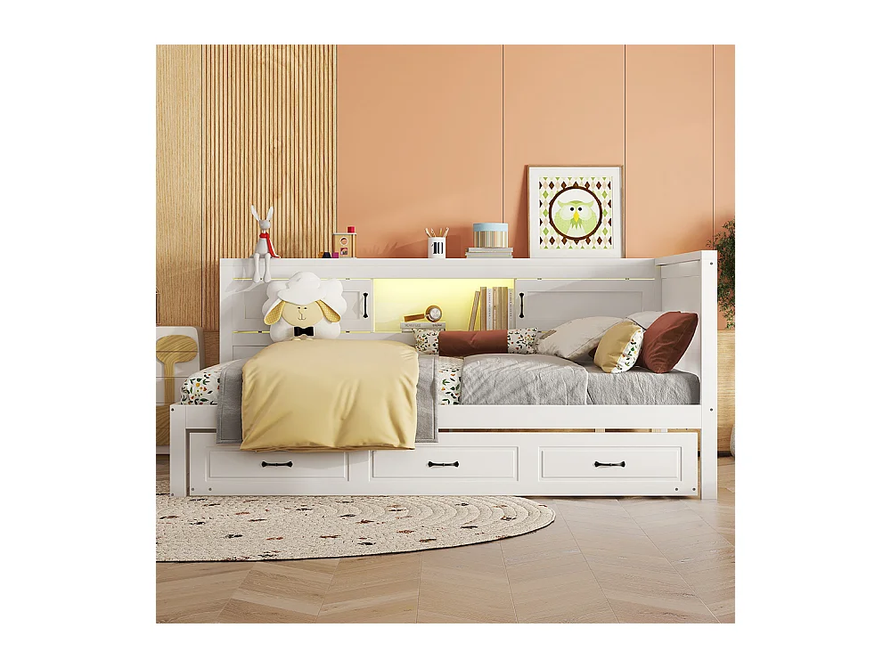 Slaapbank 140*200cm, Sfeerverlichting met afstandsbediening, Opbergvak, Stopcontact + USB, Wit