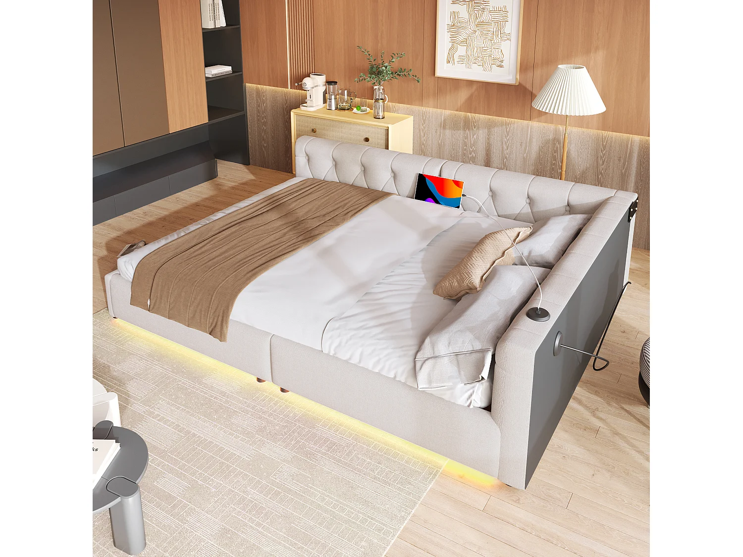 Sofá-cama 140 x 200 cm, com iluminação ambiente, cabeceira com botões, porta USB + Type-C, linho, bege