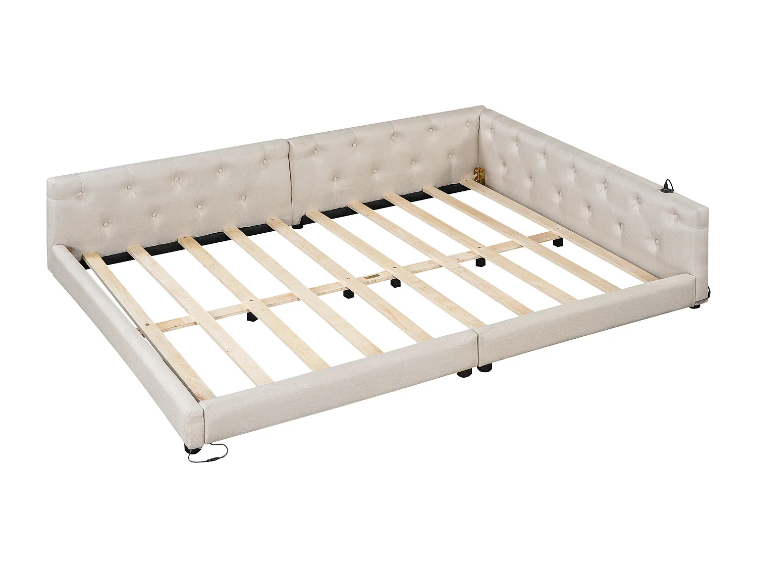 Sofá-cama 140 x 200 cm, com iluminação ambiente, cabeceira com botões, porta USB + Type-C, linho, bege