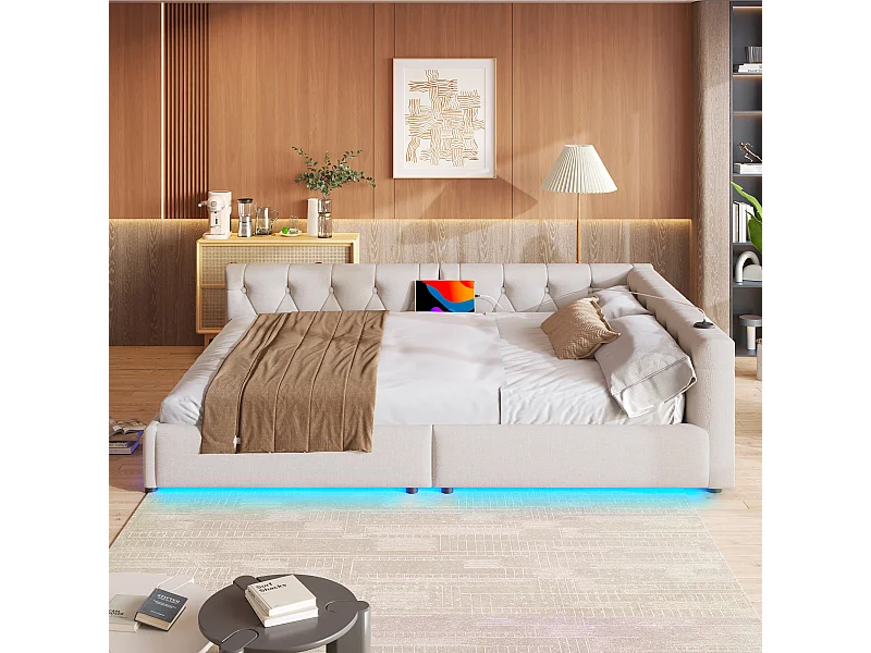 Schlafsofa 140x200 cm, Stimmungsbeleuchtung mit Fernbedienung, gepolstertes Kopfteil, Usb+Typ-c, Leinen, Beige