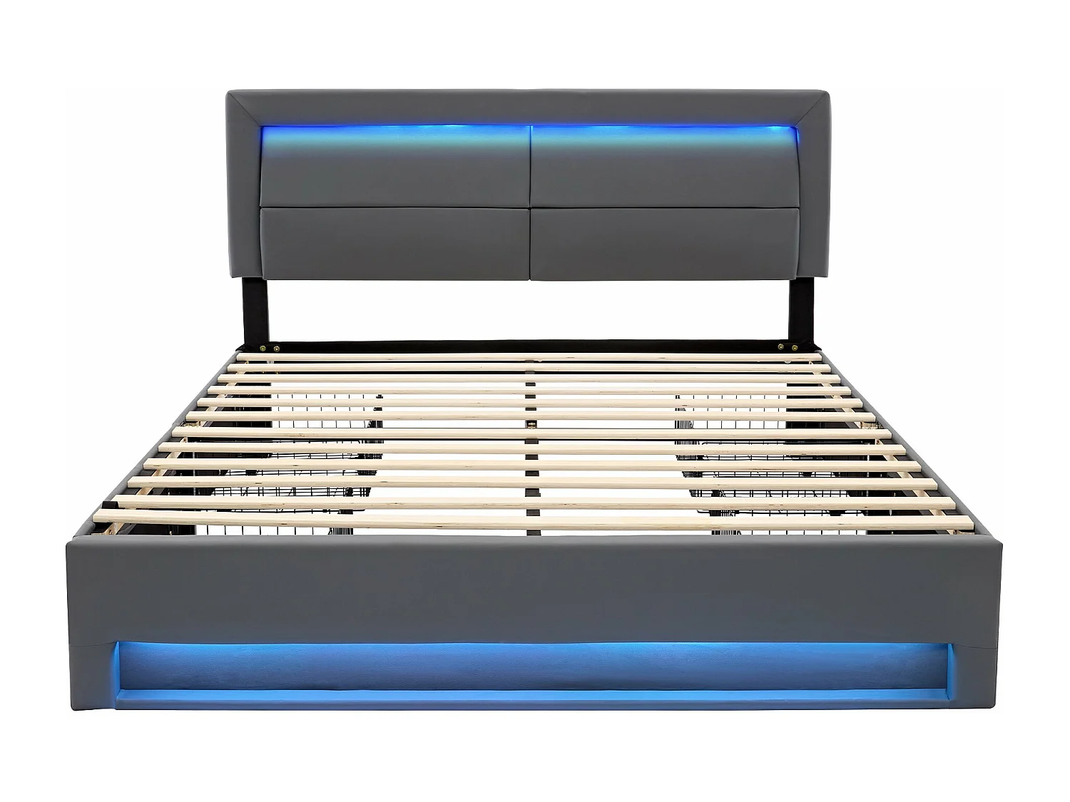 Gestoffeerd bed 160 x 200 cm met USB-poort (draadloos en draadloos opladen mogelijk), met LED-verlichting en vier opbergladen, grijs
