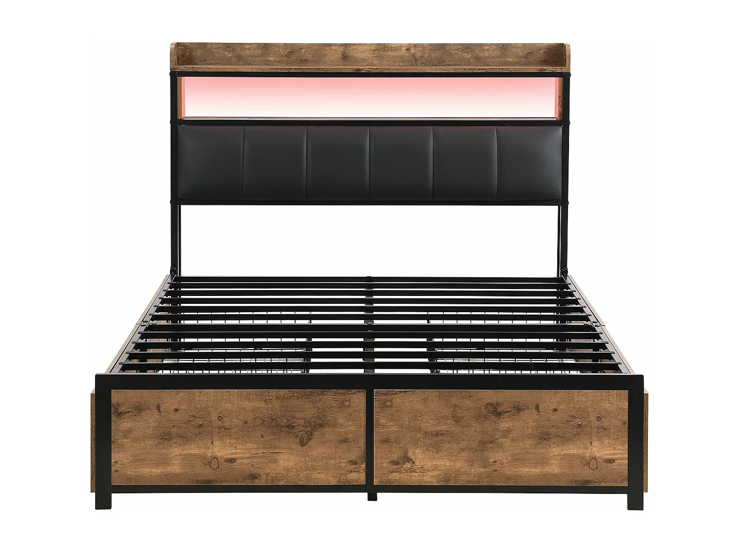 Polsterbett 140*200 mit Lattenrost und Kopfteil, LED-Bett mit 4 Schubladen als Stauraum, PU, schwarz