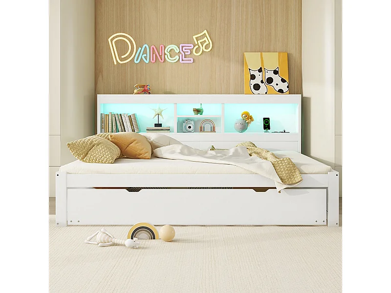 Schlafsofa, 140*200cm, Ferngesteuerte Ambientebeleuchtung, Nachttischaufbewahrung, Steckdose + USB, Weiß