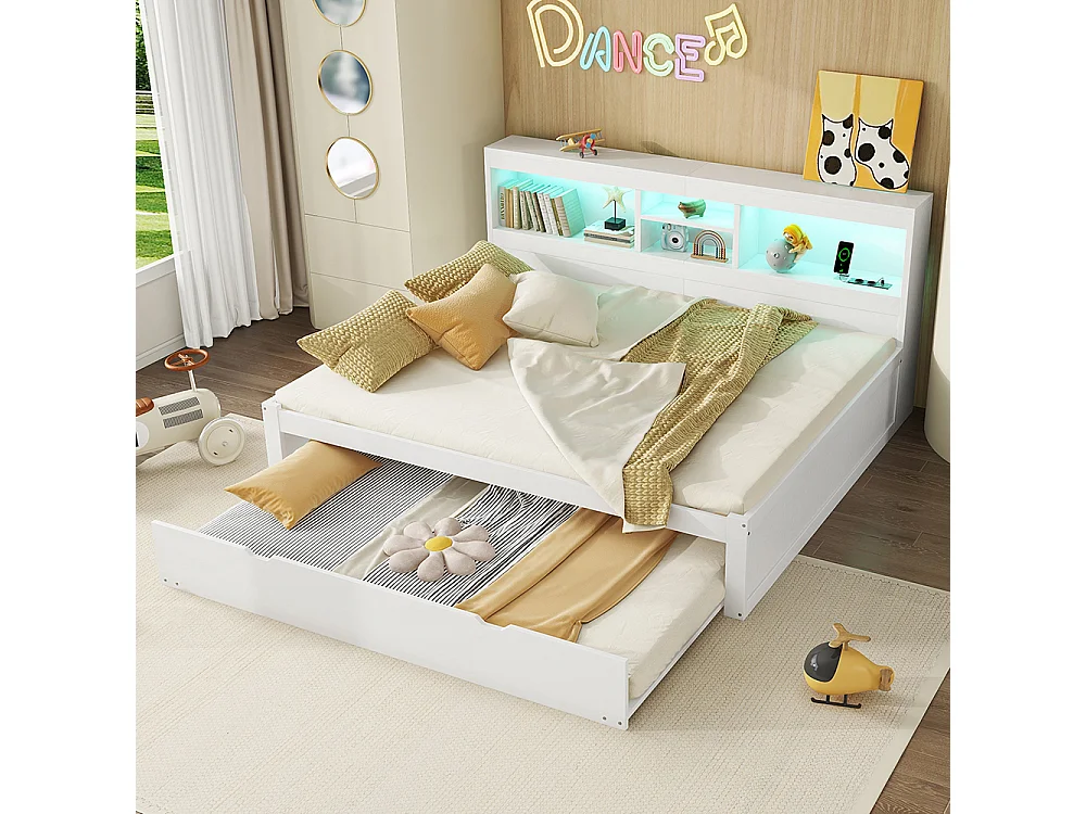 Schlafsofa, 140*200cm, Ferngesteuerte Ambientebeleuchtung, Nachttischaufbewahrung, Steckdose + USB, Weiß