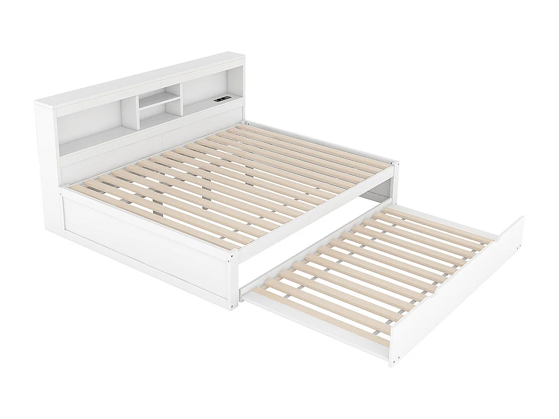 Schlafsofa, 140*200cm, Ferngesteuerte Ambientebeleuchtung, Nachttischaufbewahrung, Steckdose + USB, Weiß