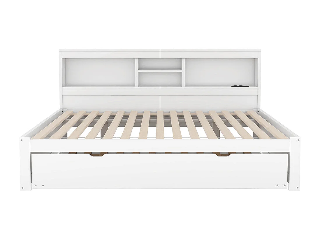 Schlafsofa, 140*200cm, Ferngesteuerte Ambientebeleuchtung, Nachttischaufbewahrung, Steckdose + USB, Weiß