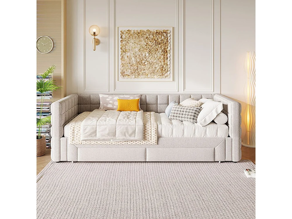 Sofá-cama 90 x 200 cm, com costas quadradas, cama extensível (até 180 camas queen-size), 2 gavetas, Bege