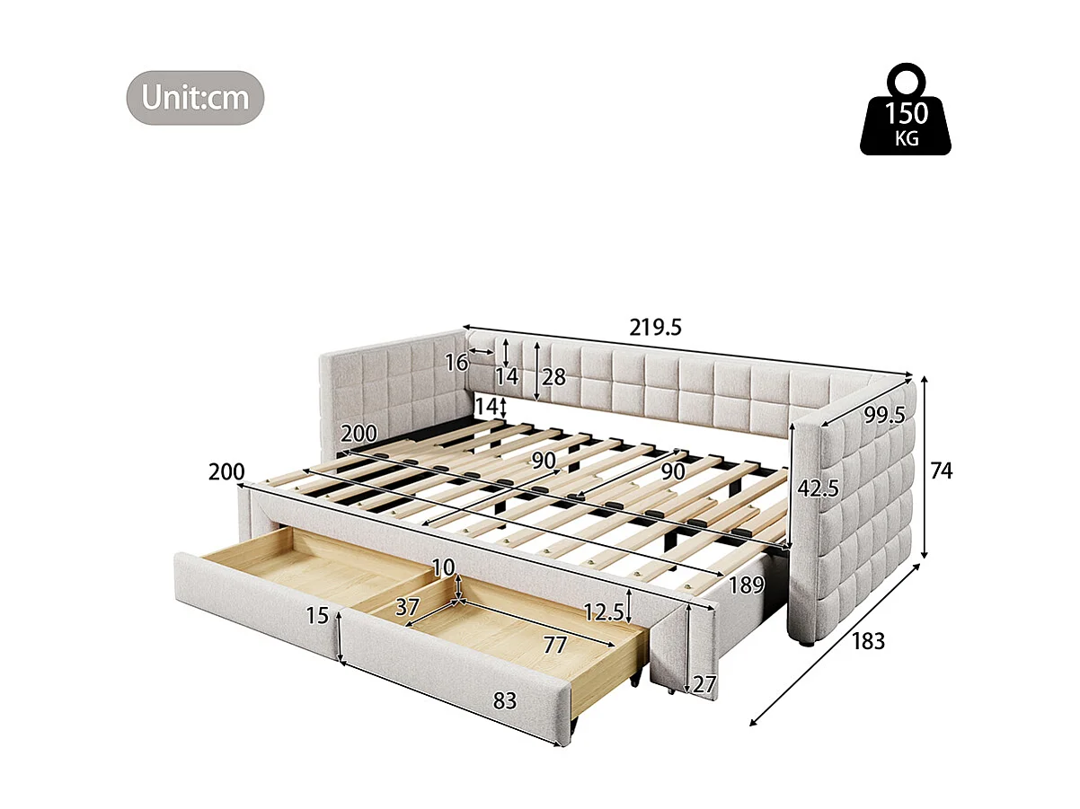 Sofá-cama 90 x 200 cm, com costas quadradas, cama extensível (até 180 camas queen-size), 2 gavetas, Bege