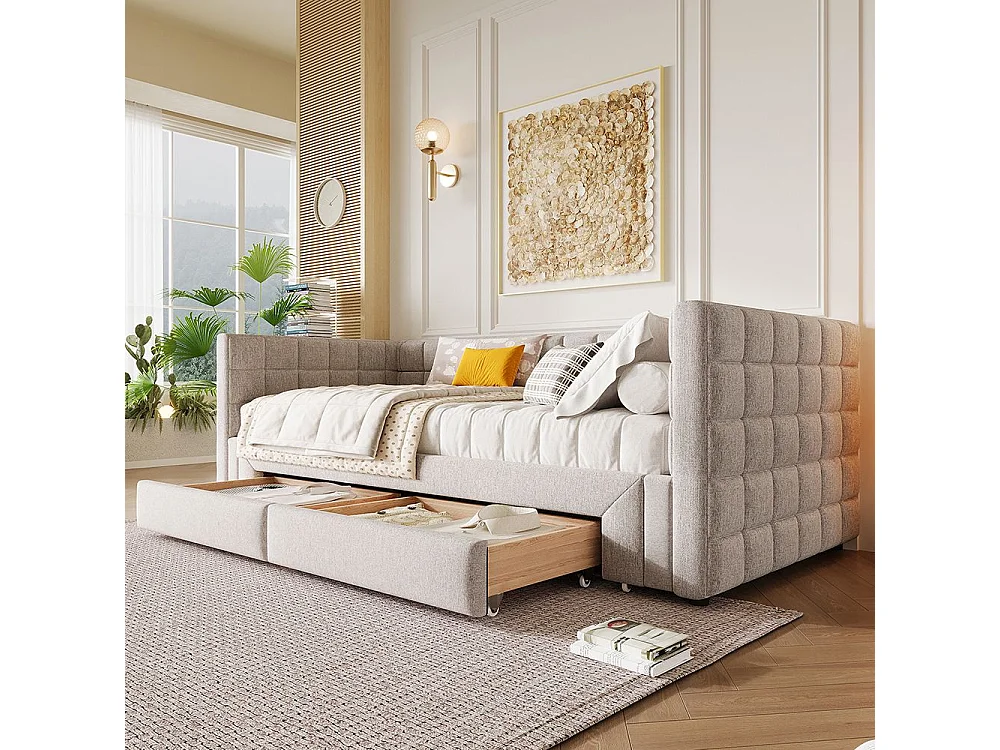 Sofá-cama 90 x 200 cm, com costas quadradas, cama extensível (até 180 camas queen-size), 2 gavetas, Bege
