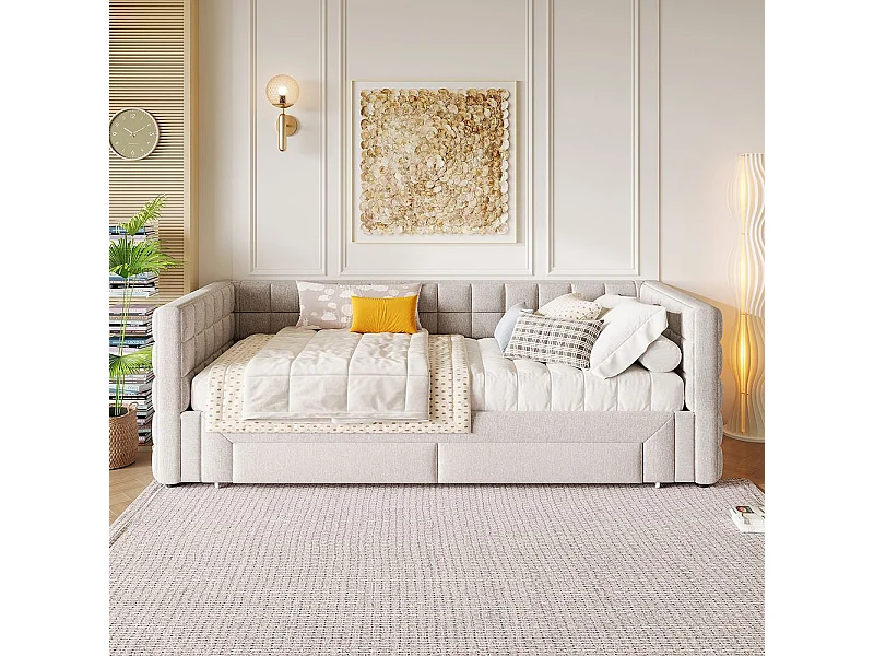 Canapé 90 x 200 cm, avec dossier carré, lit extensible (jusqu'à 180 lits queen-size), 2 tiroirs, beige