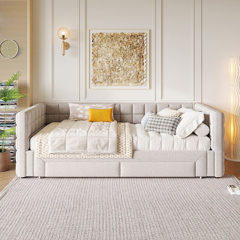 Opbergbed 90x200cm - Fluwelen slaapbank - met leeslampje en oplaadpoorten - met lattenbodem - Beige