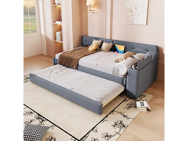 Schlafsofa 90x200cm mit Lattenrost, aufklappbares Staufach, Typ USB+C, Leinen, grau