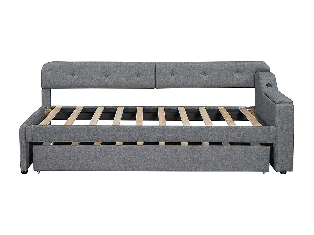 Canapé lit 90x200cm avec sommier à lattes, compartiment de rangement rabattable, type USB+C, lin, gris