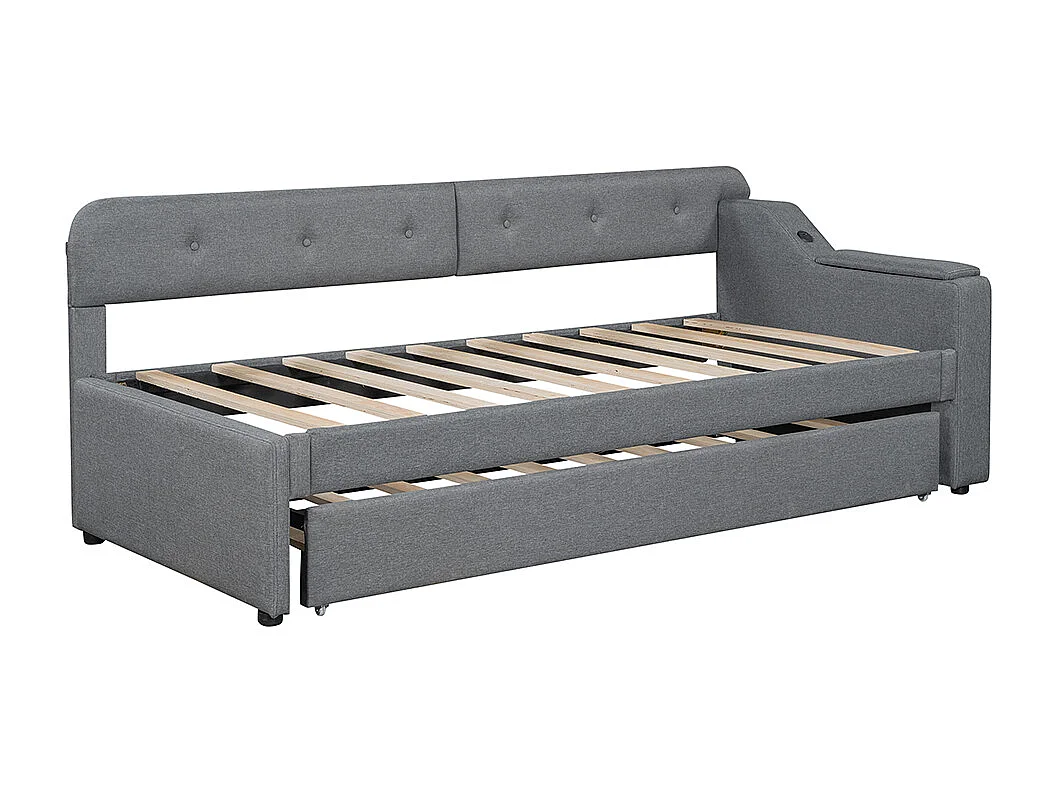 Canapé lit 90x200cm avec sommier à lattes, compartiment de rangement rabattable, type USB+C, lin, gris