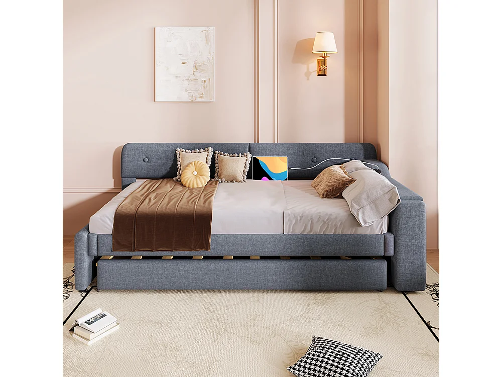 Sofá-cama 90x200 cm, com base de ripas, compartimento de arrumação rebatível, tipo USB+C, linho, cinzento