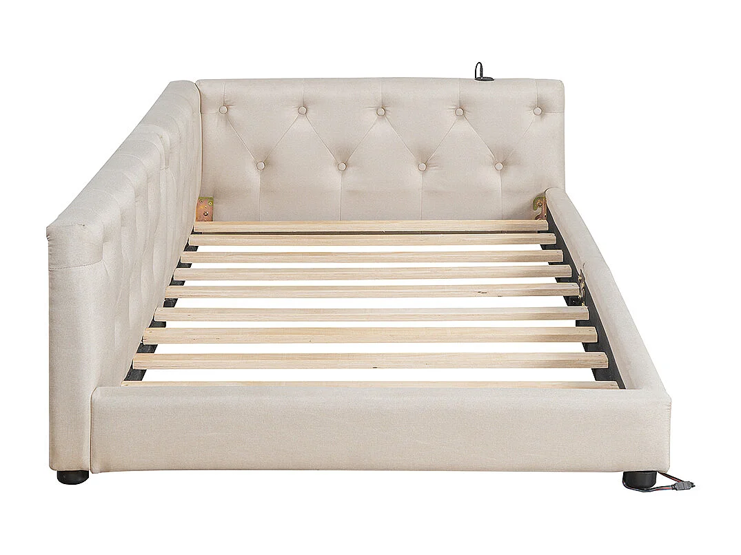 Canapé-lit 90x200 cm, avec sommier à lattes, éclairage avec télécommande, tête de lit avec capitonnage, Usb+Typ-c, lin,beige