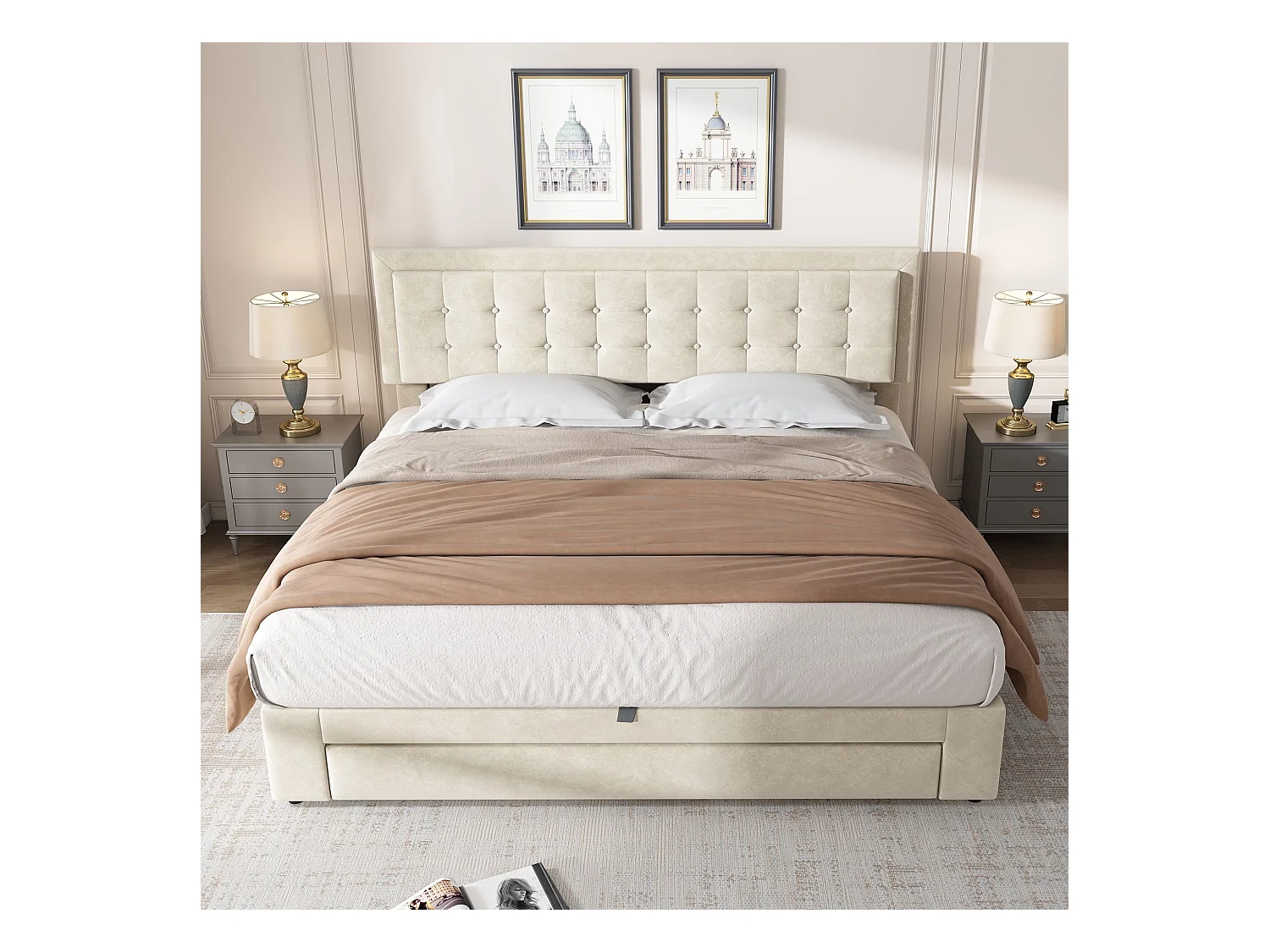 Lit double capitonné 160 x 200 cm, avec coffre et tiroirs, tissu velours, grand espace de rangement, couleur beige