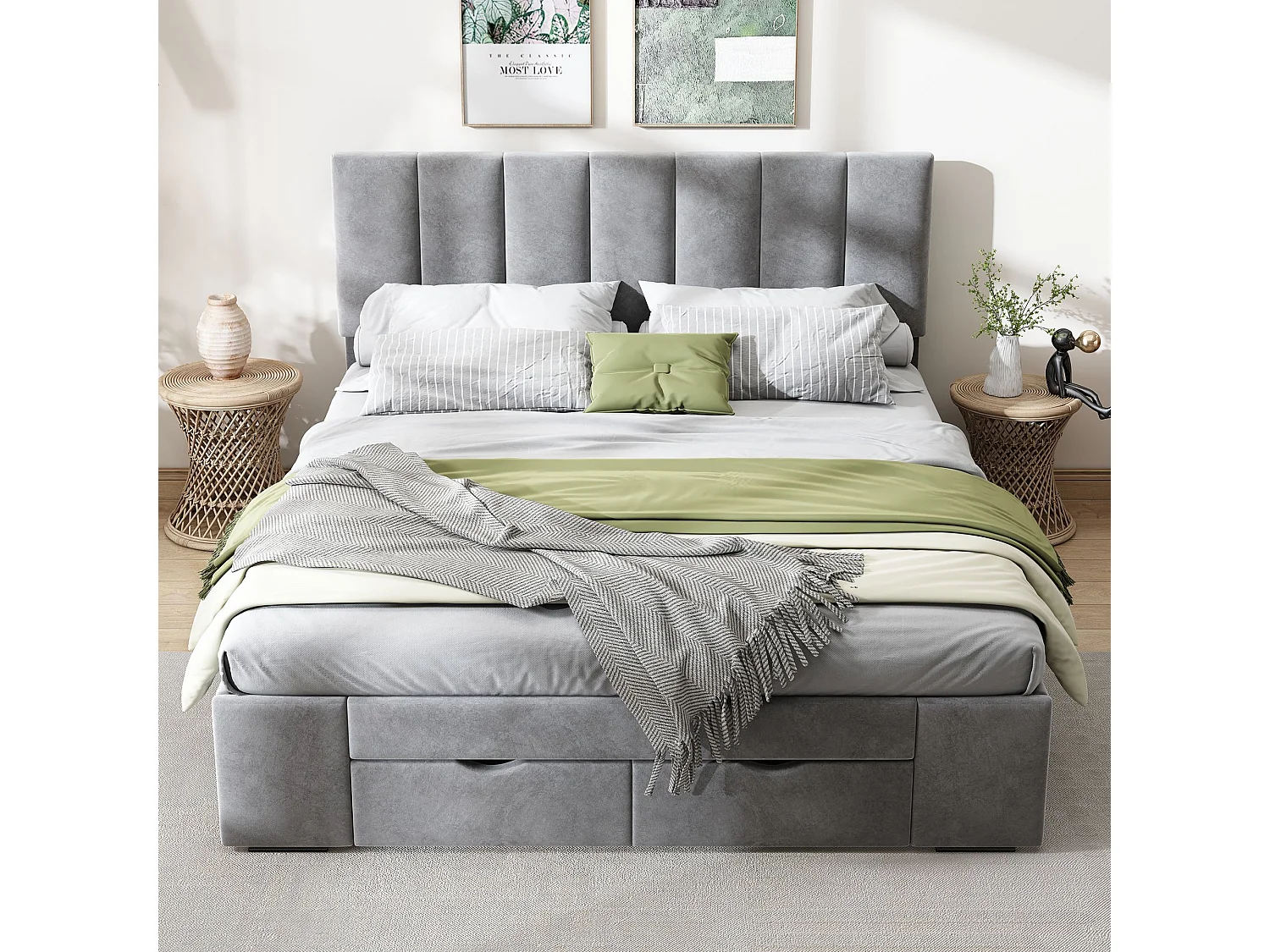Cama estofada de veludo de 140 x 200 cm com base de ripas, com encosto, com 4 gavetas, cinzenta