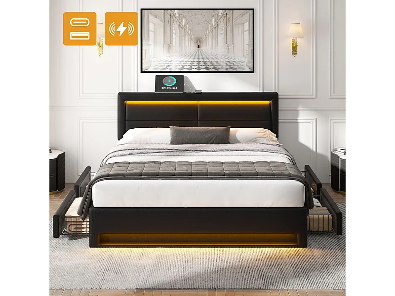 Polsterbett 140 x 200 cm mit USB-Anschluss (unterstützt kabelloses und kabelgebundenes Laden), mit LED-Beleuchtung und vier Aufbewahrungsschubladen, schwarz