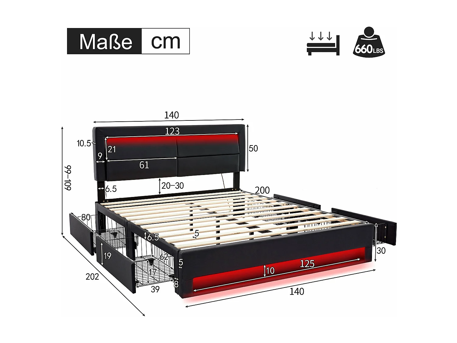 Gestoffeerd bed 140 x 200 cm met USB-poort (draadloos en bedraad opladen mogelijk), met LED-verlichting en vier opbergladen, zwart