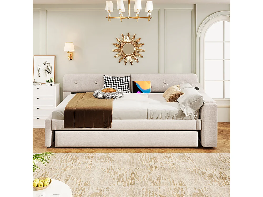 Canapé lit 90x200cm avec sommier à lattes, compartiment de rangement rabattable, type USB+C, lin, beige