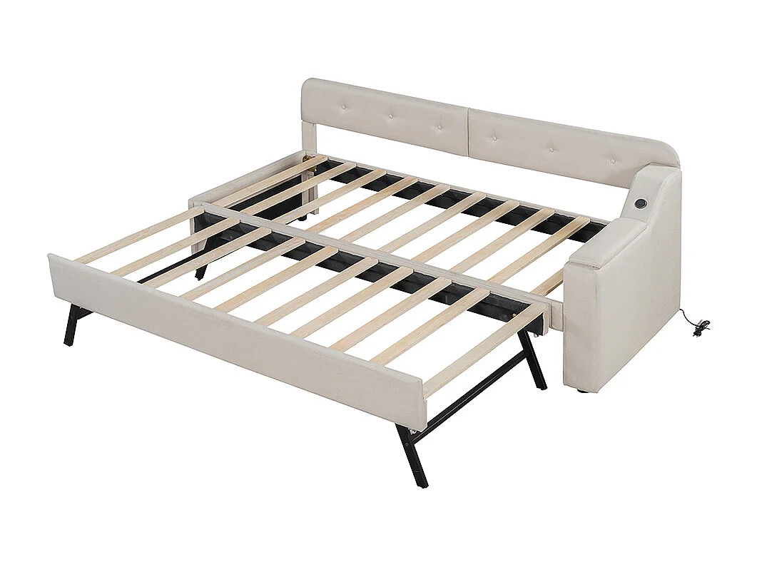 Canapé lit 90x200cm avec sommier à lattes, compartiment de rangement rabattable, type USB+C, lin, beige