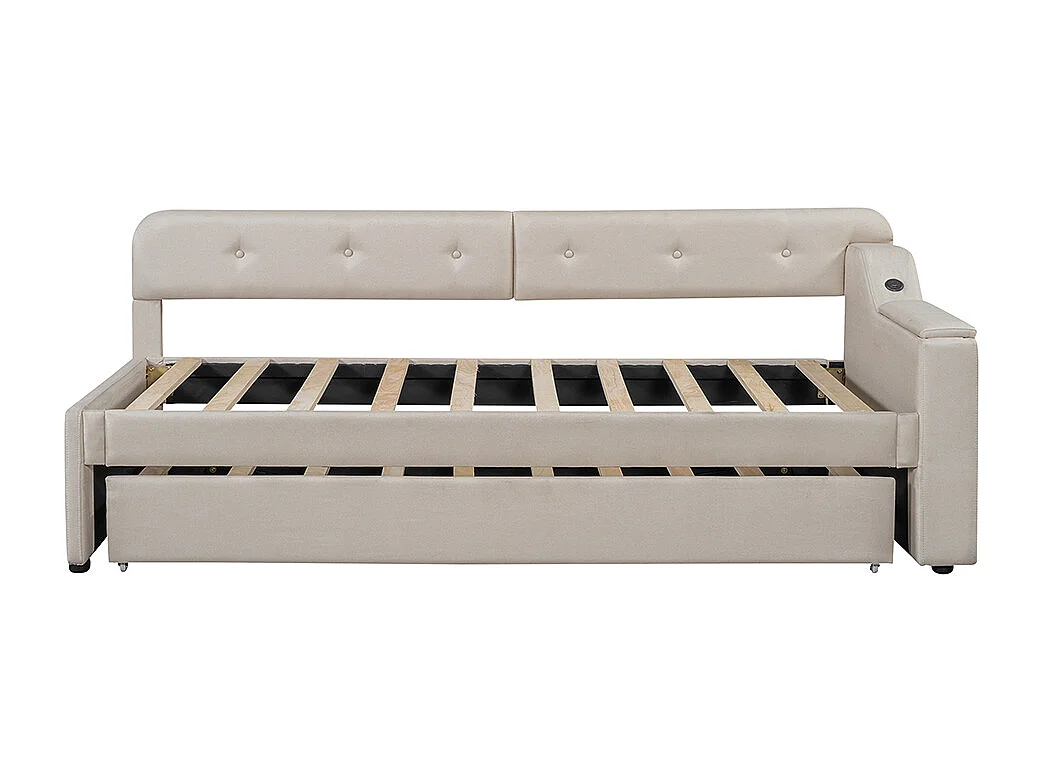 Canapé lit 90x200cm avec sommier à lattes, compartiment de rangement rabattable, type USB+C, lin, beige